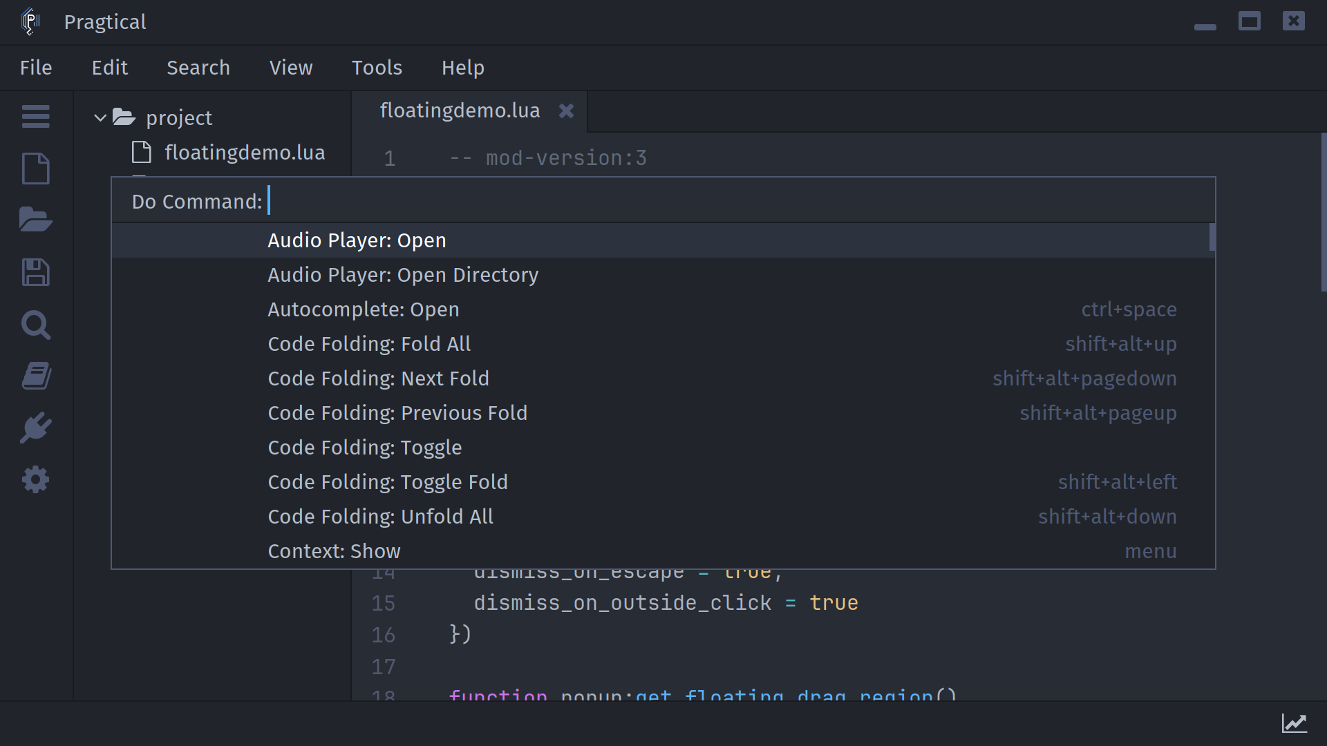 The centered command palette in the One Dark theme, showing commands and their keyboard shortcuts