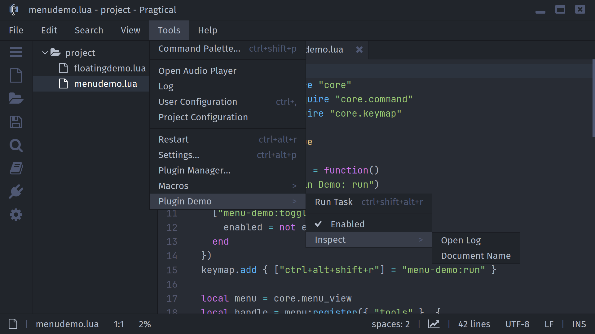 Plugin Demo's Inspect submenu with Open Log and a direct Document Name action