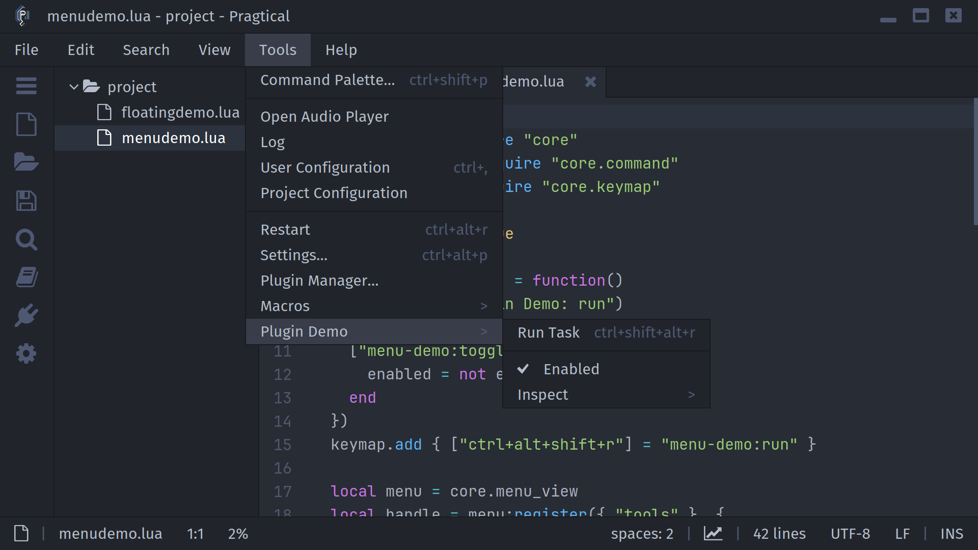 Tools with a Lua plugin submenu, keyboard binding, and checked option