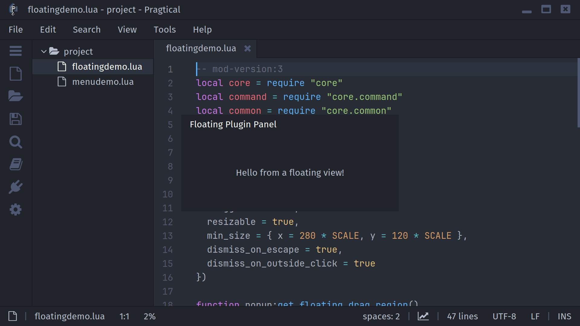 A floating Lua plugin panel over a document in the One Dark theme