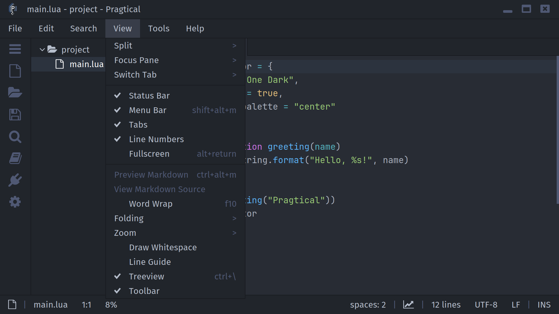 The View menu in the One Dark theme, showing navigation submenus and checked visibility options