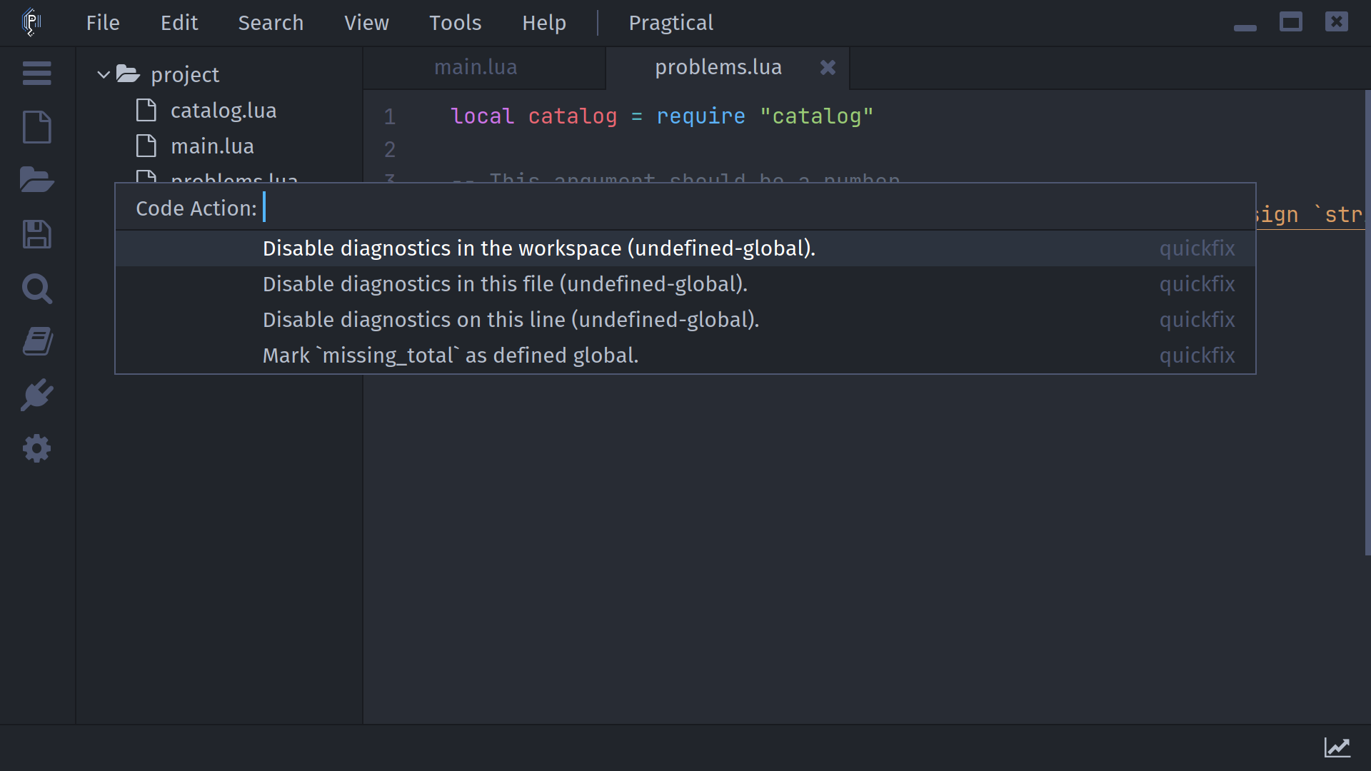 Lua server code actions for an undefined global, including diagnostic suppression and a global declaration hint