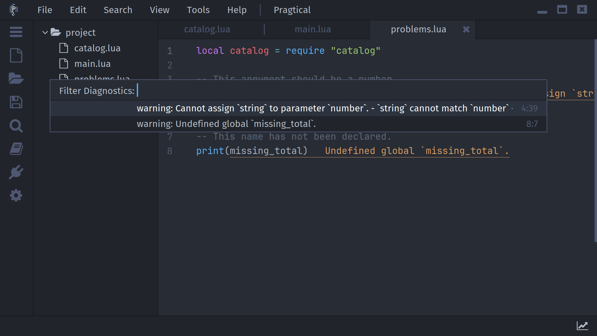 The diagnostic picker showing type and undefined-name messages from the Lua server