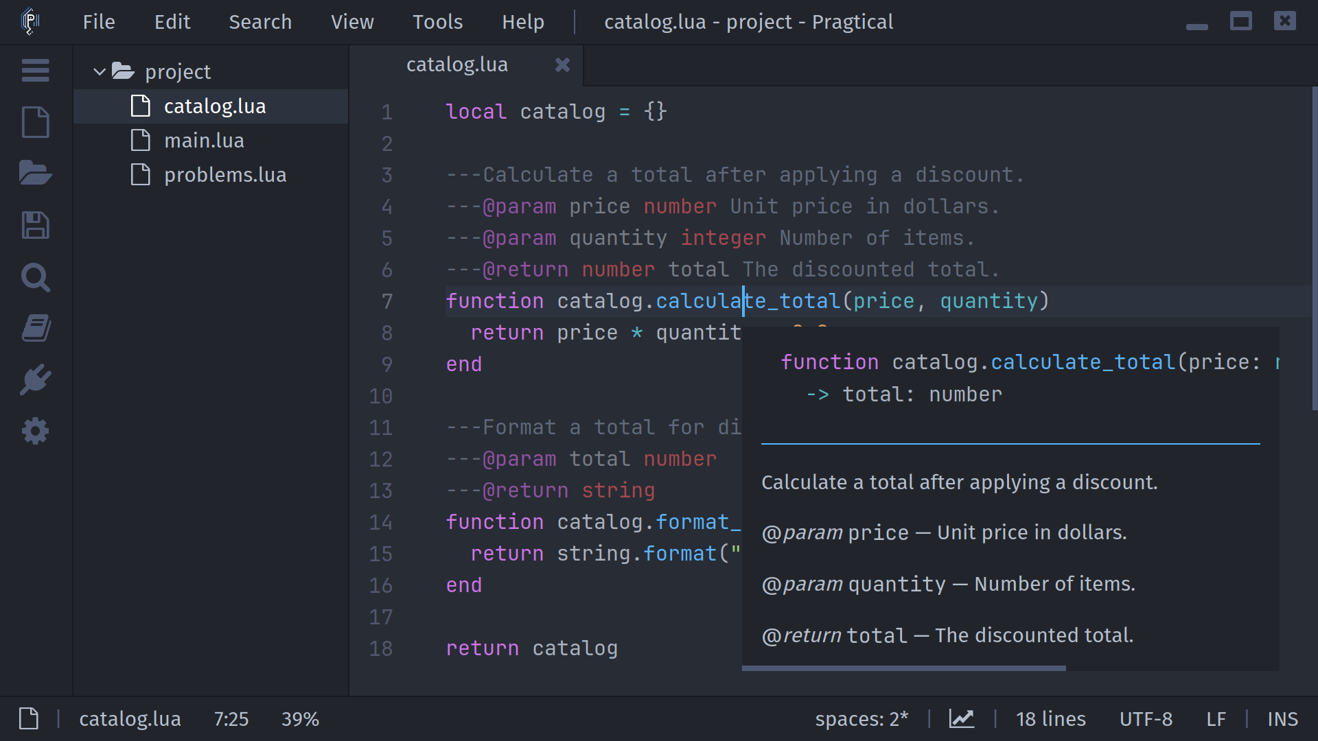 Hover documentation for a Lua function with typed parameters and a return value