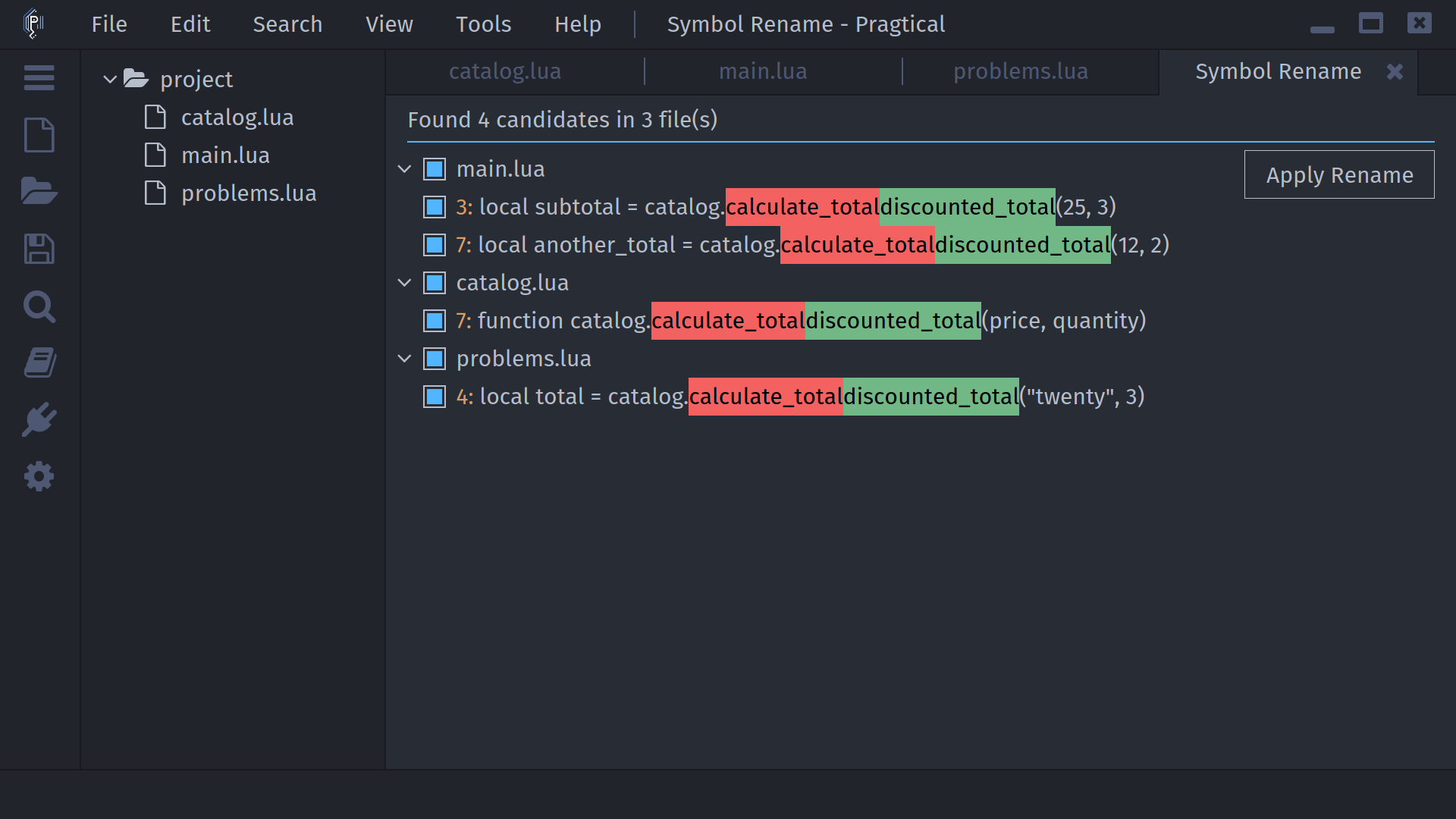 Symbol Rename preview with selectable Lua function occurrences