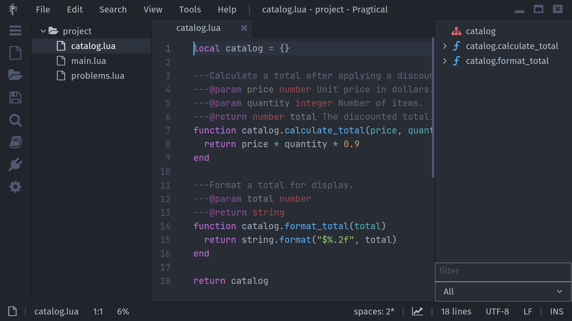 Lua source and the LSP Symbols Tree in Pragtical using One Dark