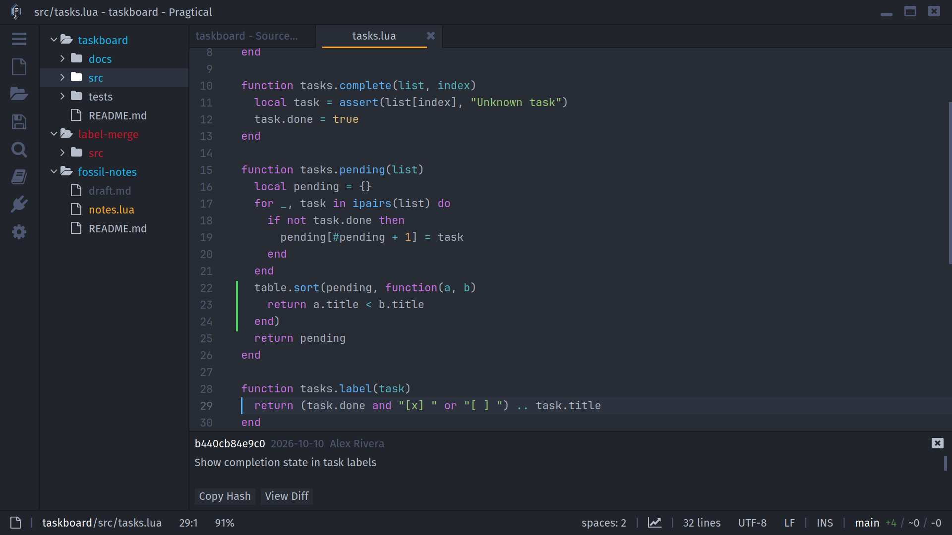 Current-line blame details below a Lua document with Copy Hash and View Diff
