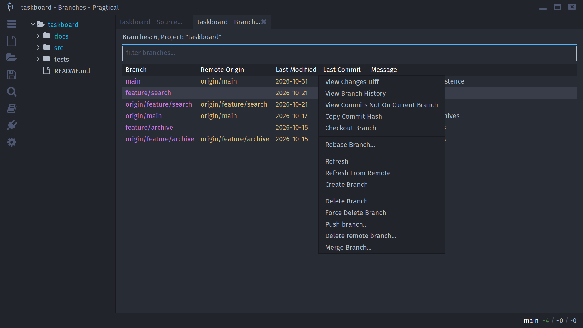 Branches table with remote origins, dates, commit hashes, and context actions