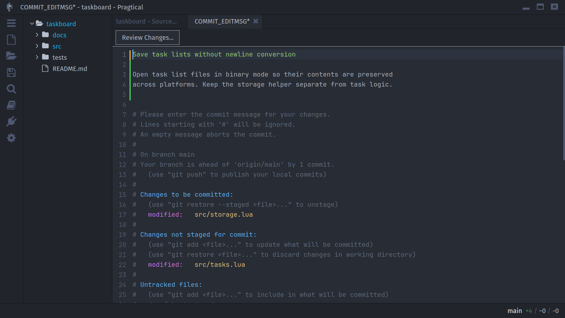 Commit message editor with a subject, body, and commented Git status