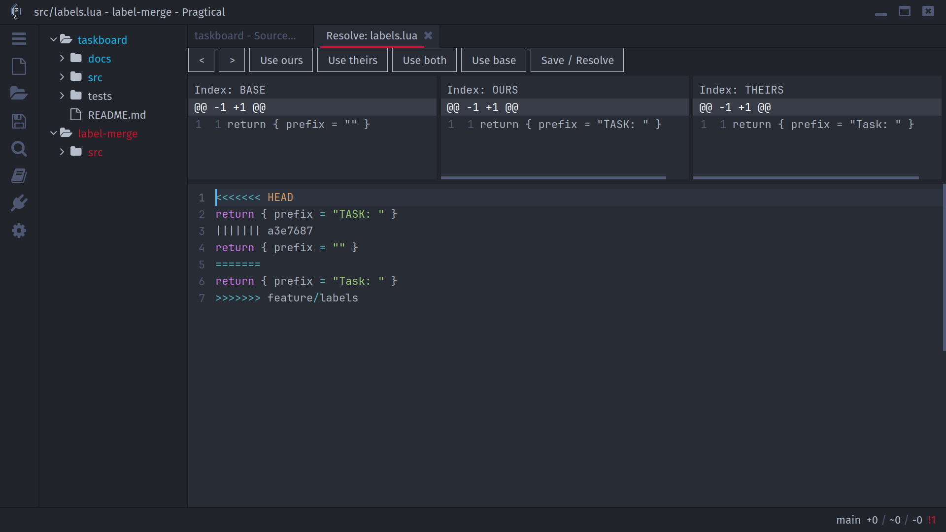 Conflict editor with source versions, block choices, and an editable result