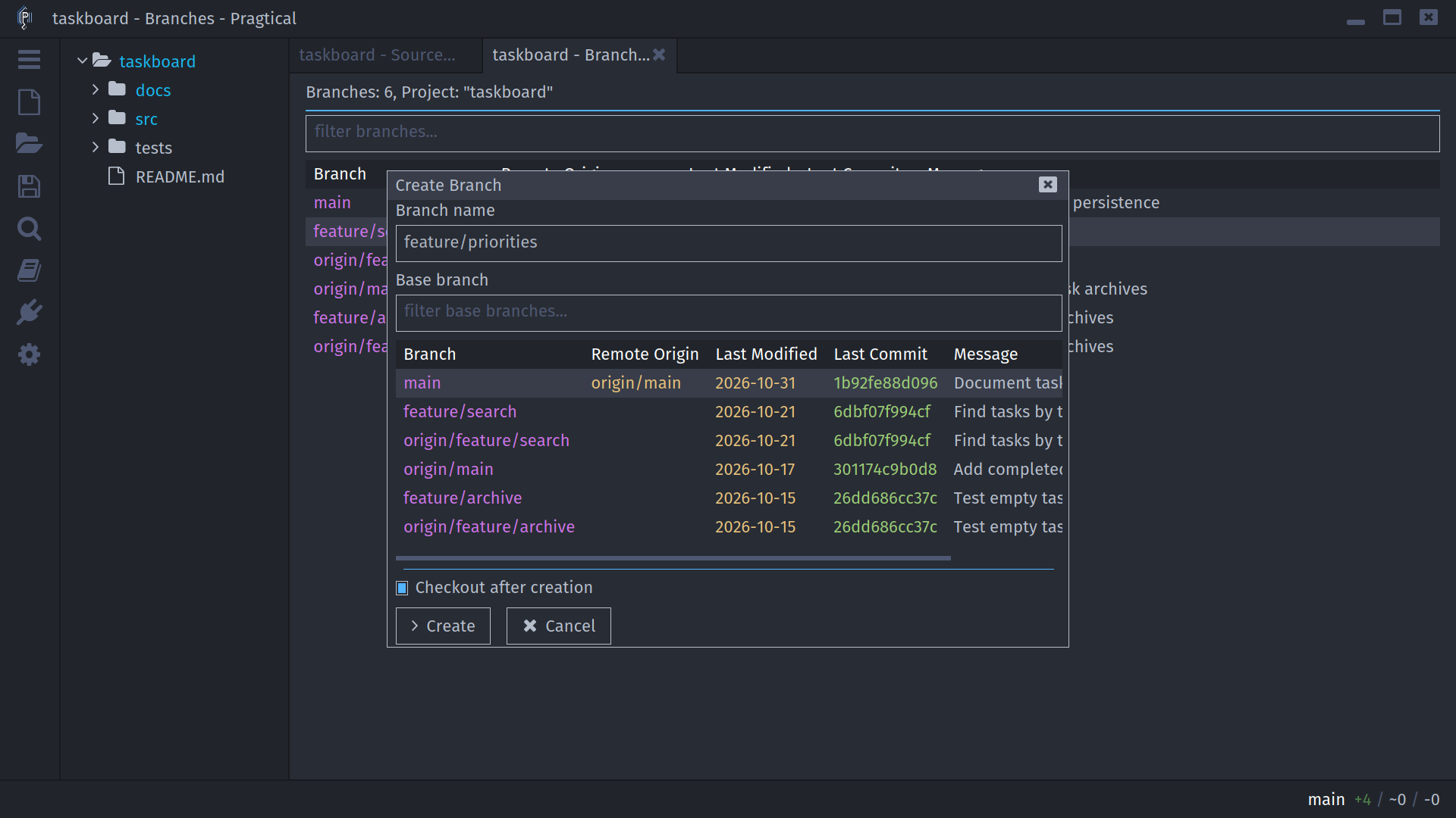 Create Branch dialog with base selection and checkout-after-creation enabled
