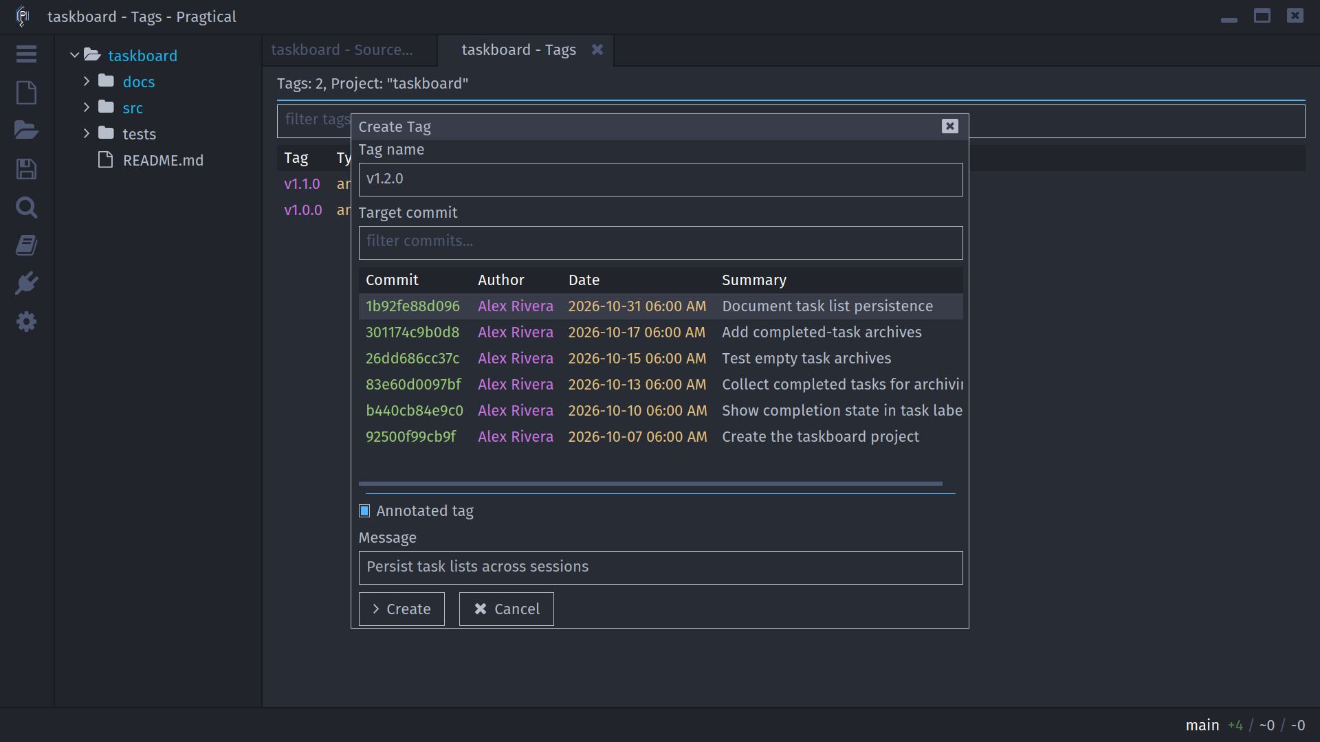 Create Tag dialog with a searchable commit list and annotation message