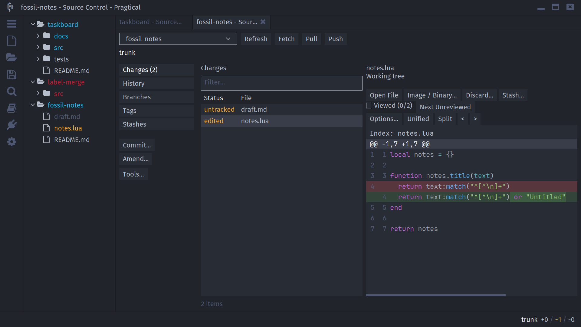 Fossil checkout changes and a notes module diff