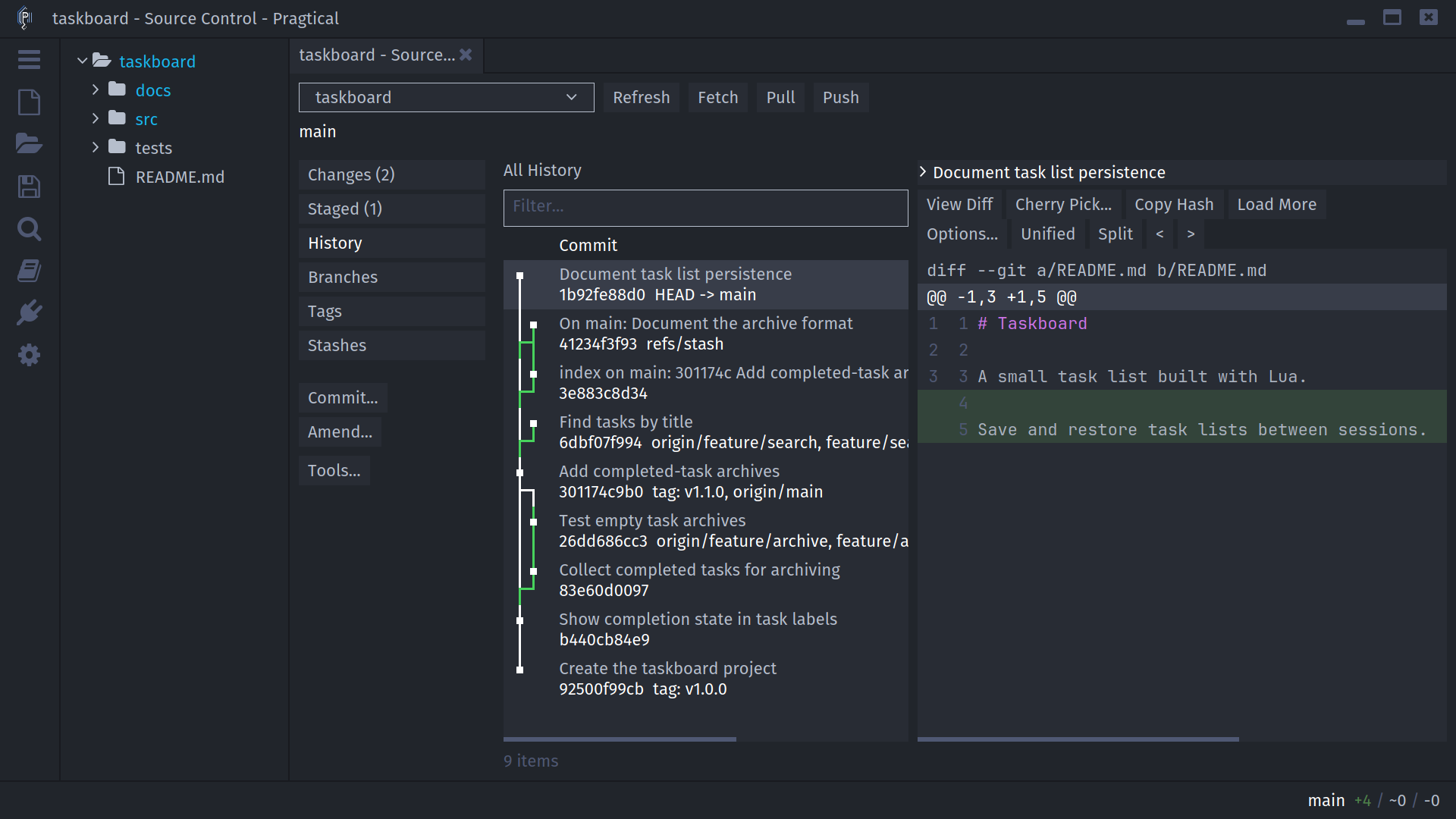 Workbench History with commit graph, reference labels, and View Diff