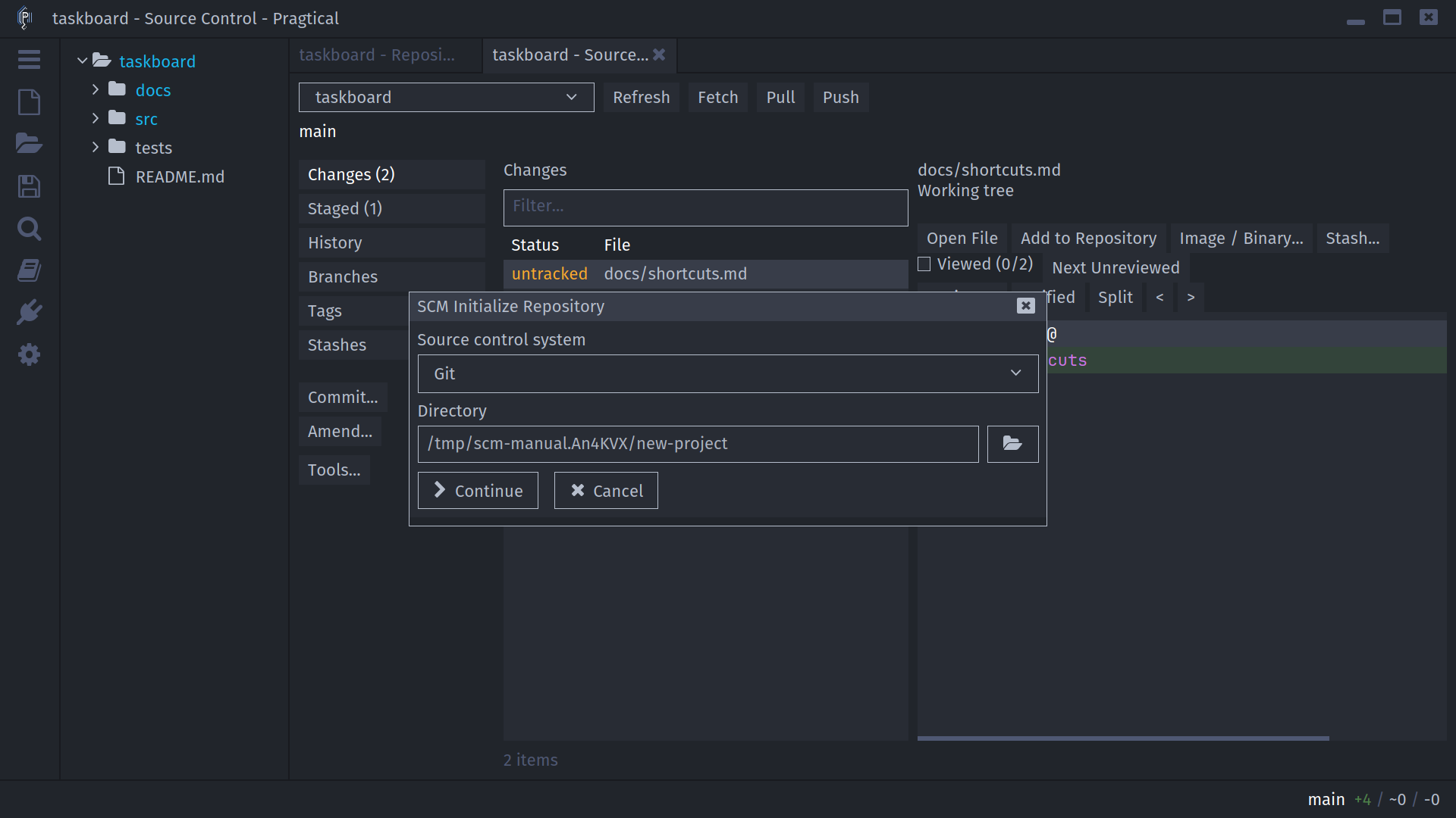 Initialize Repository dialog with backend and directory selection