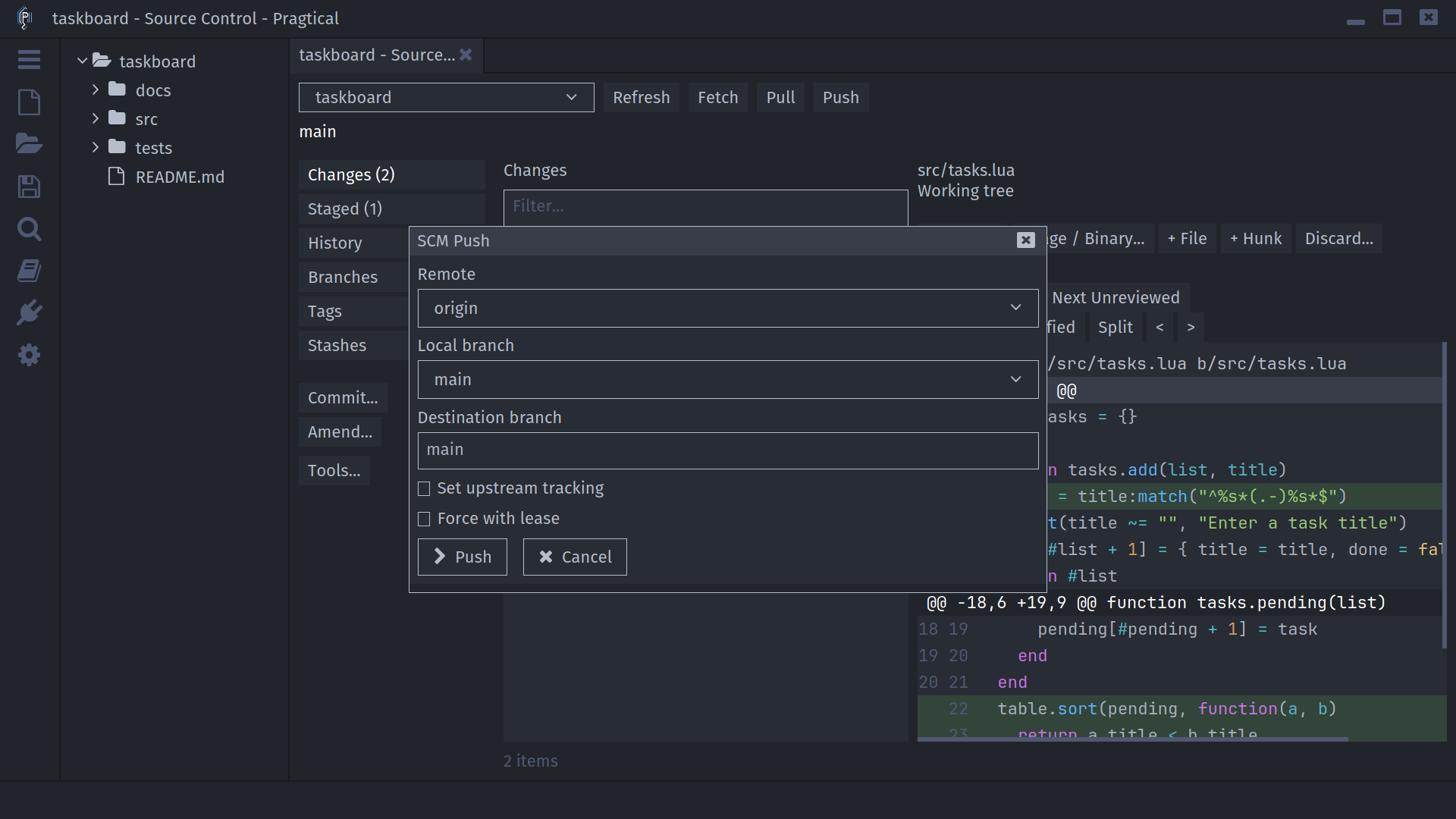 Push dialog with the default remote and branch selected