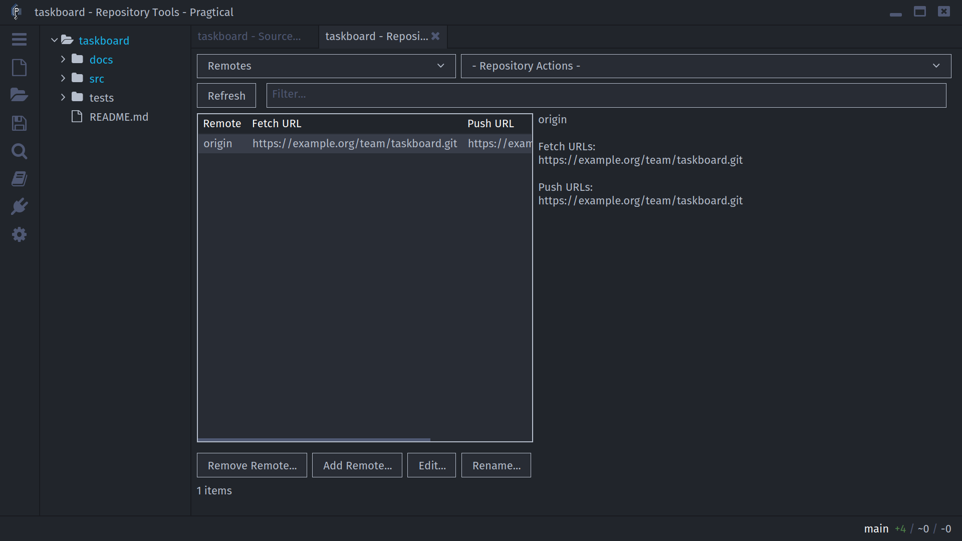 Repository Tools showing a remote's fetch and push URLs