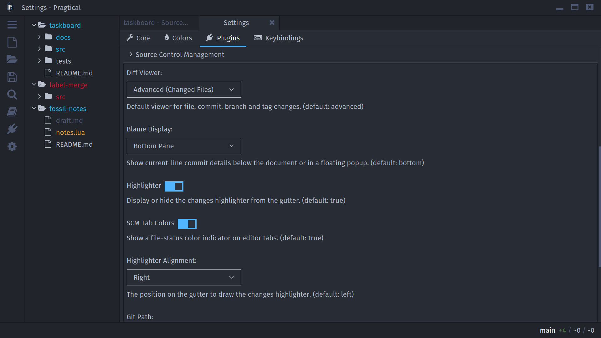 Source Control Management settings with diff viewer and blame display selectors