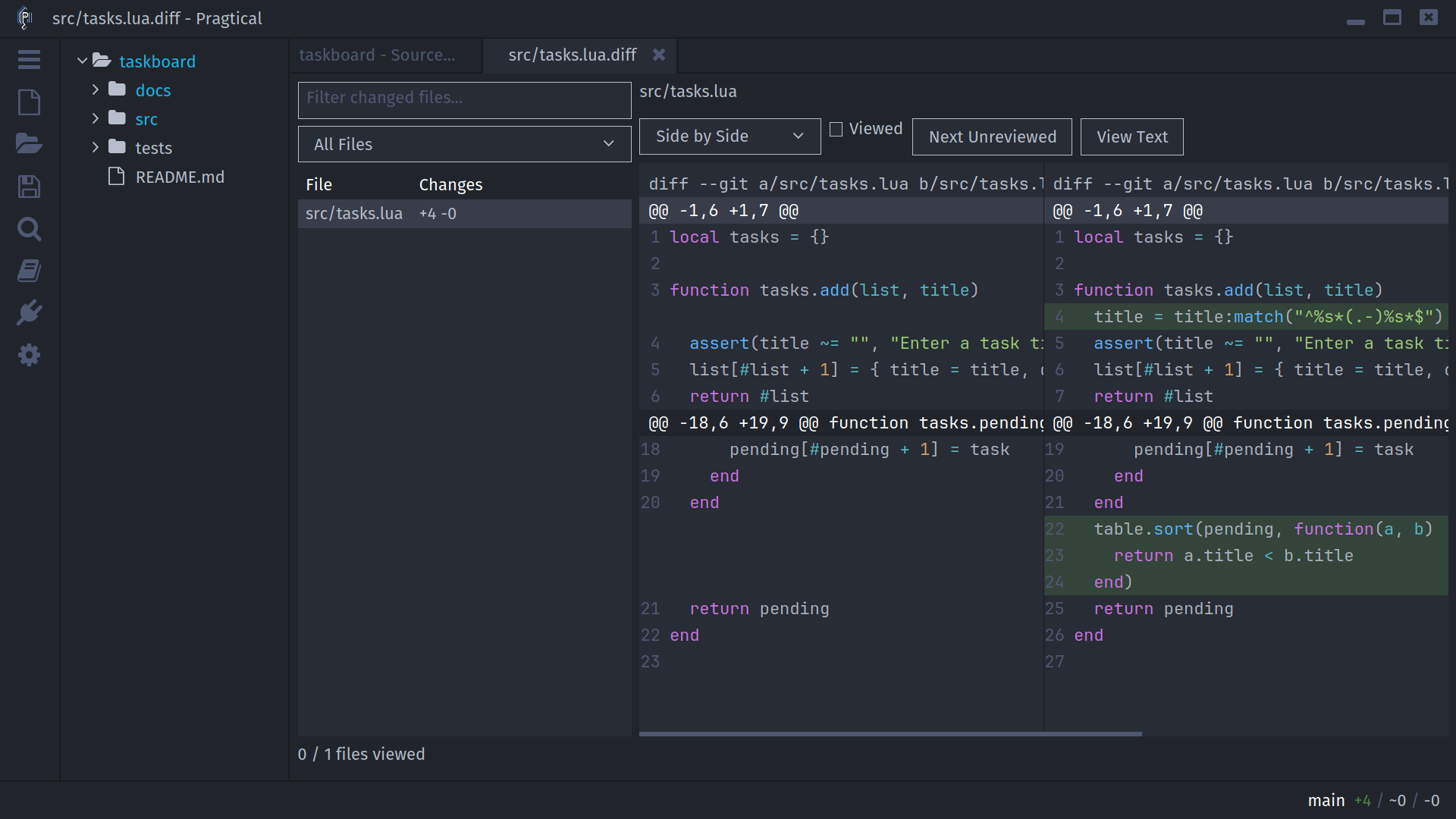 Advanced SCM side-by-side diff showing old and new Lua code