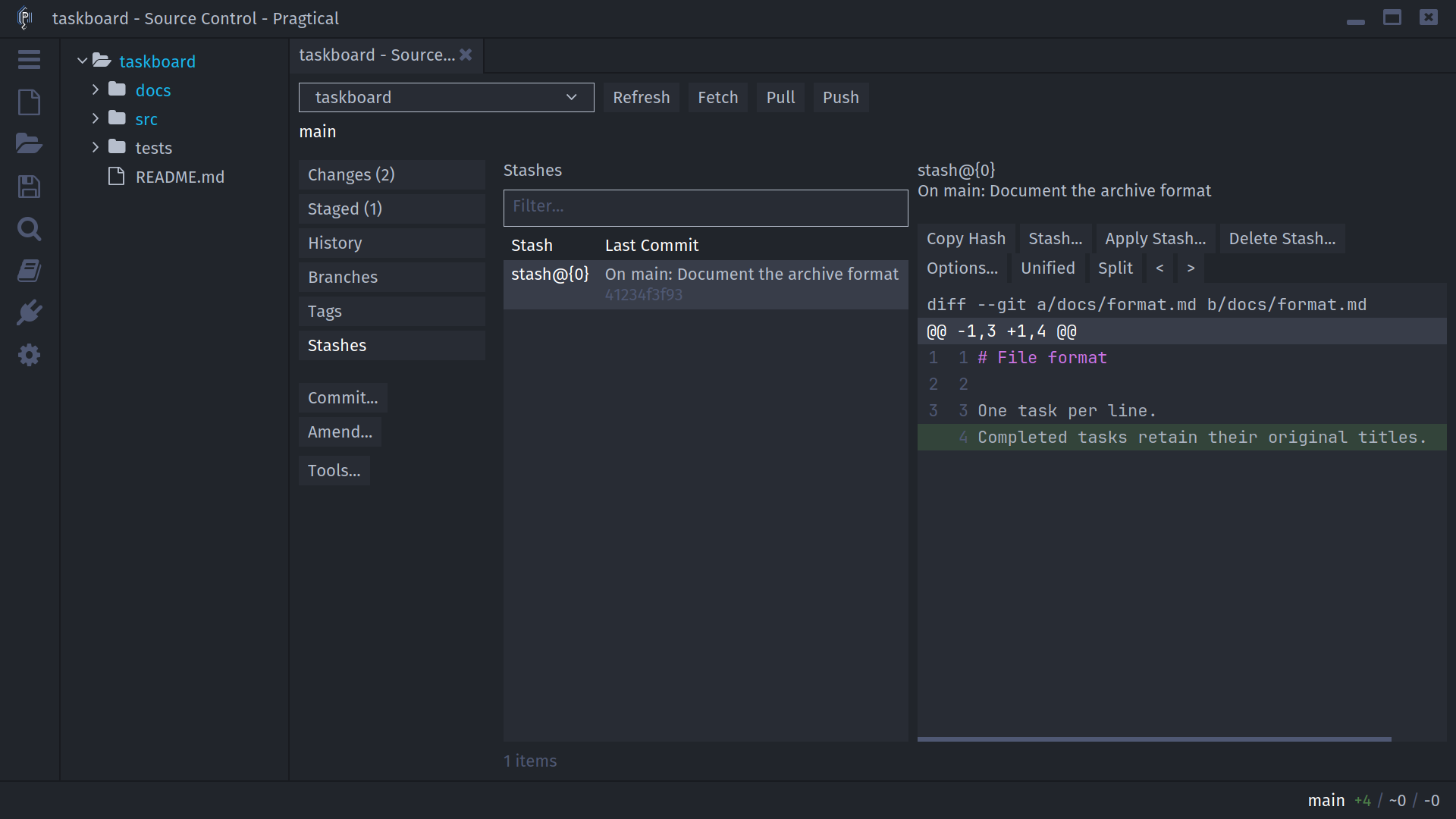 Workbench Stashes with a saved documentation change and preview