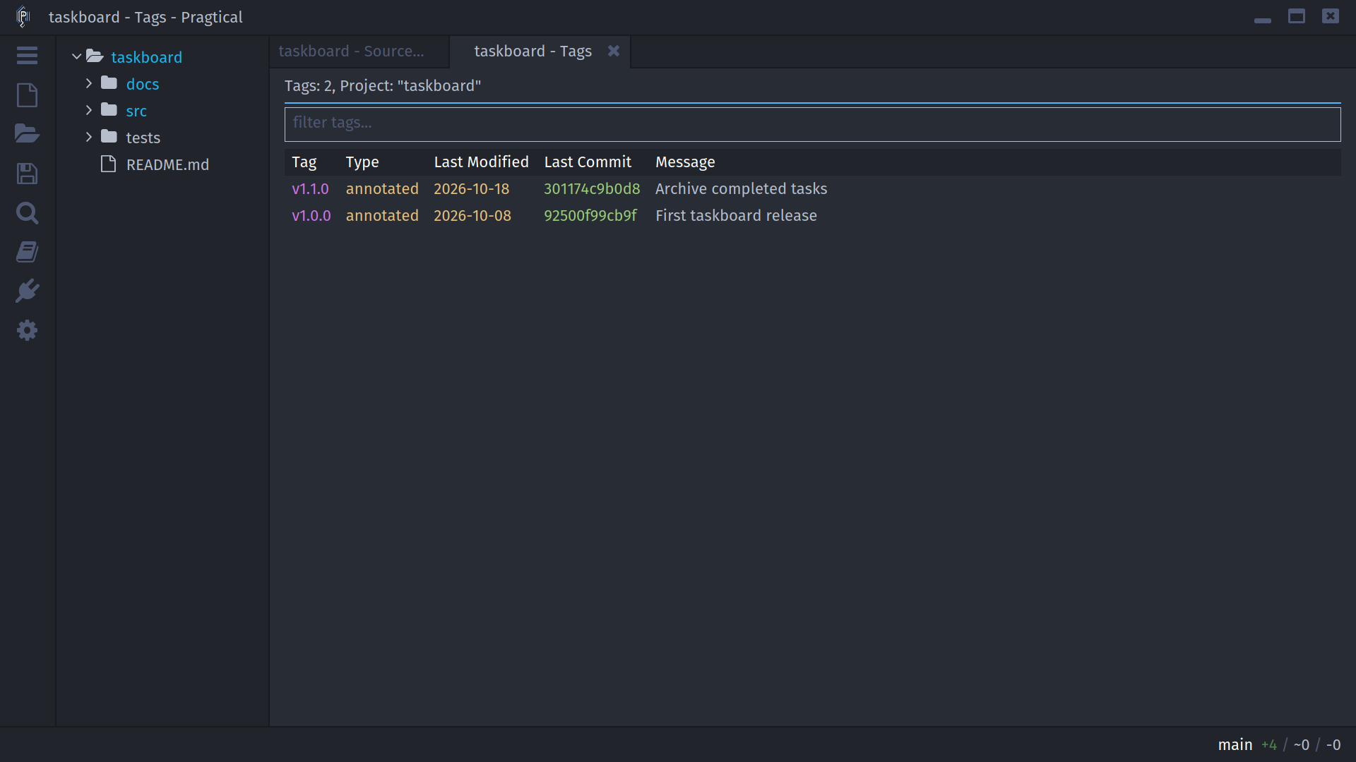 Tags table showing annotated releases and their target commits