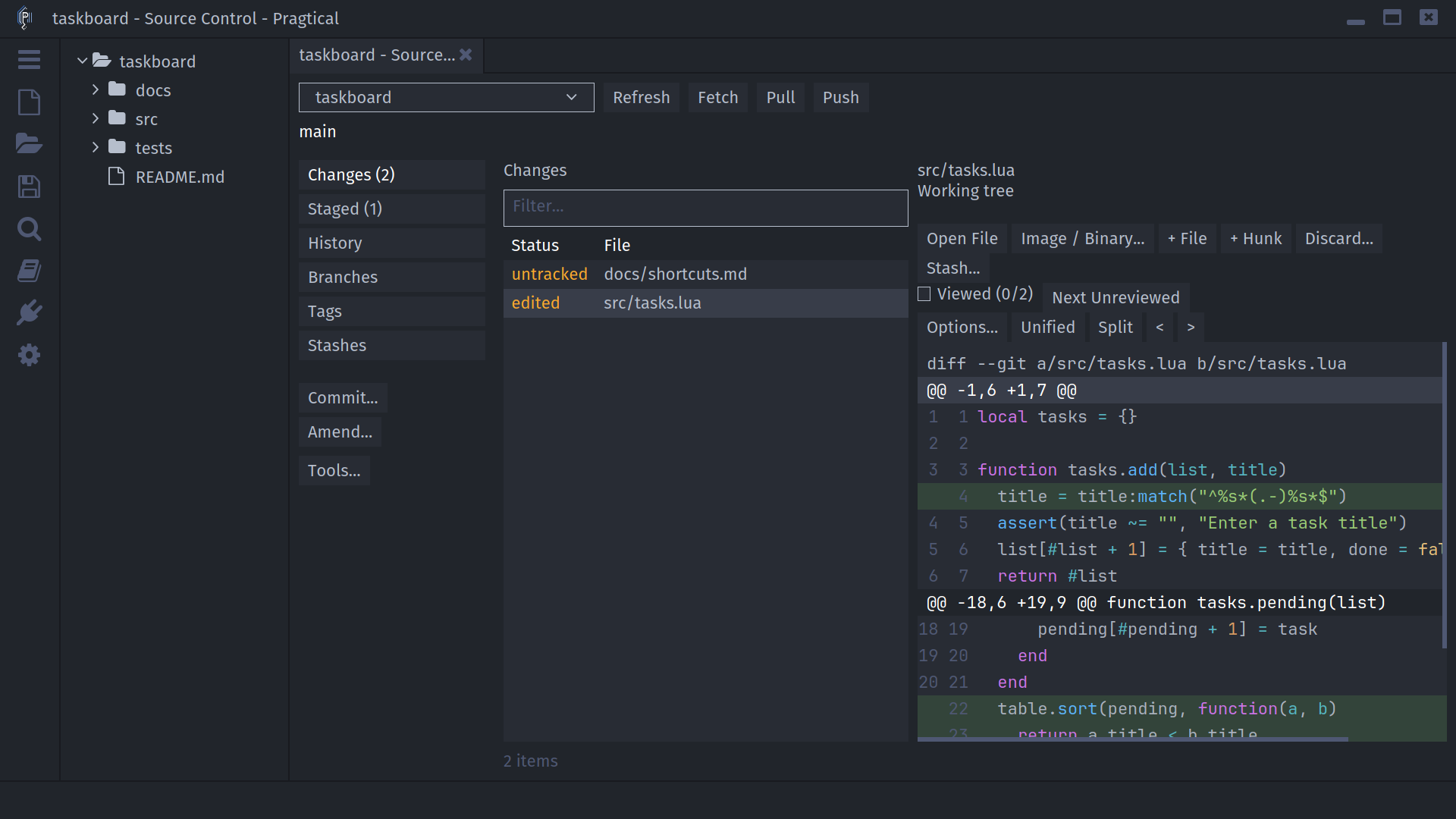 SCM workbench showing changed files and a Lua diff in One Dark