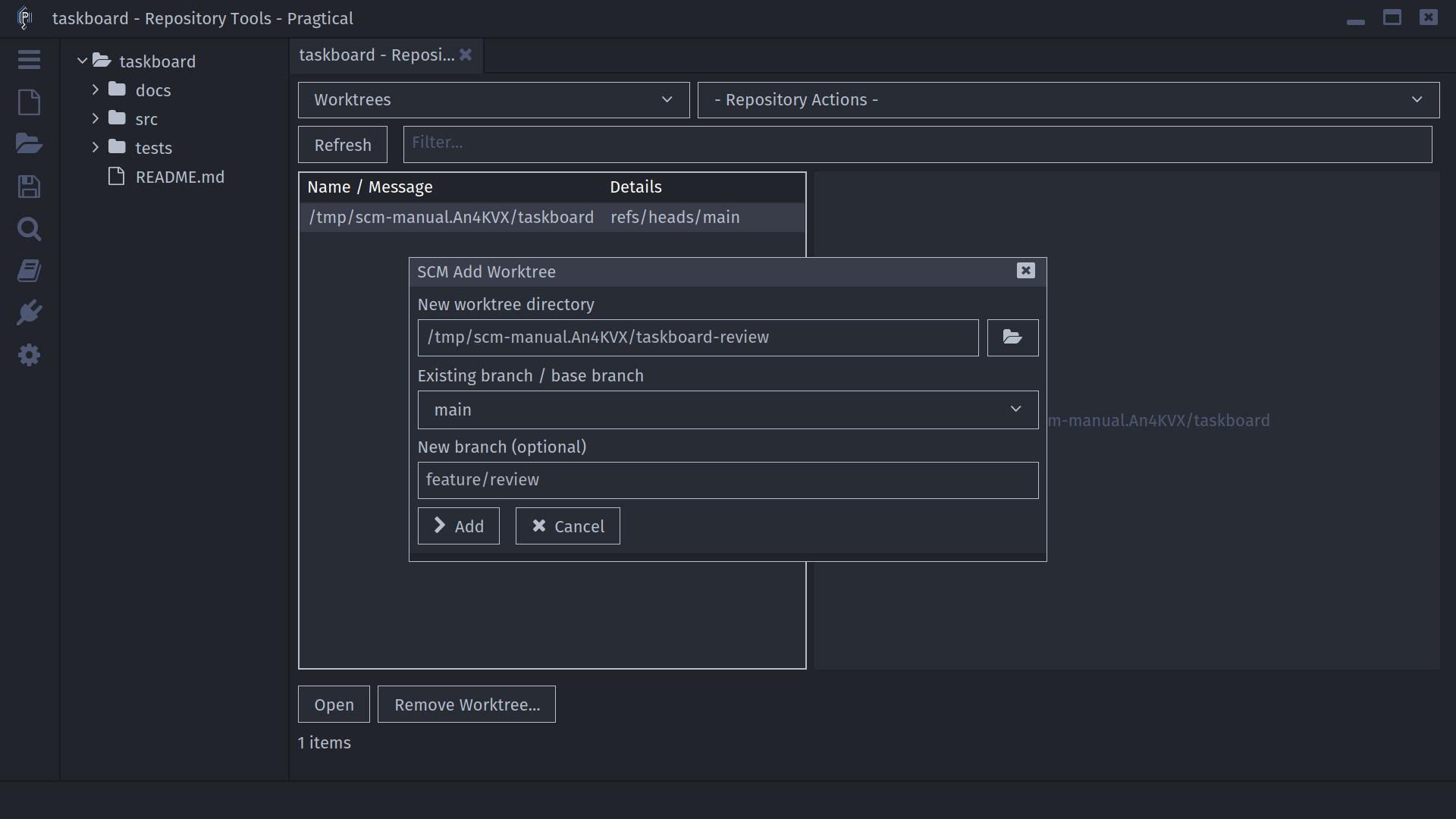Add Worktree dialog with an editable directory field and new branch name