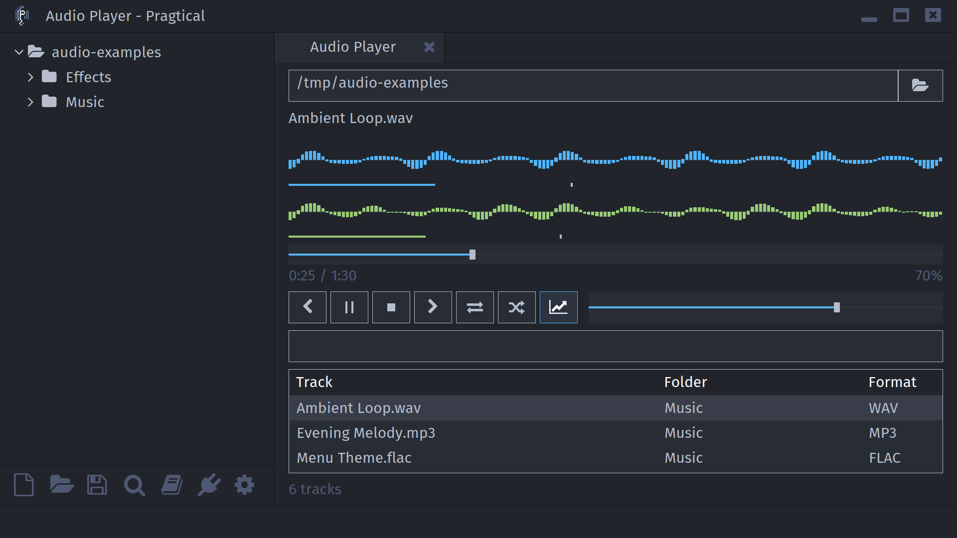 audio player with stereo waveform and level meters