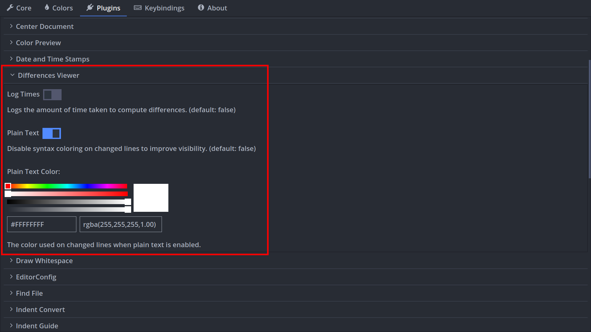 diff viewer settings panel