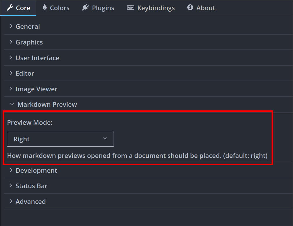 markdown preview settings panel