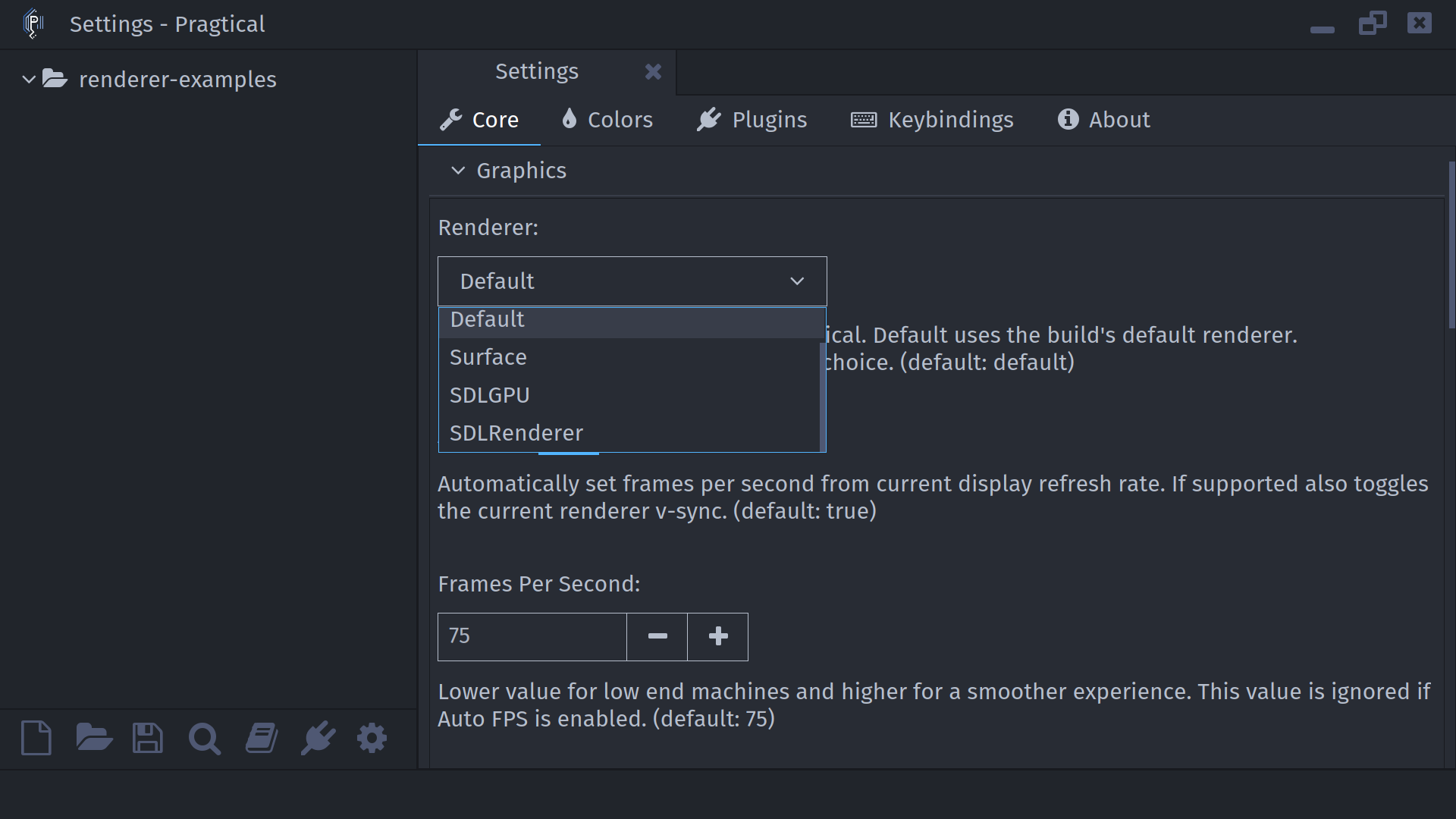 Renderer choices under Settings, Core, Graphics