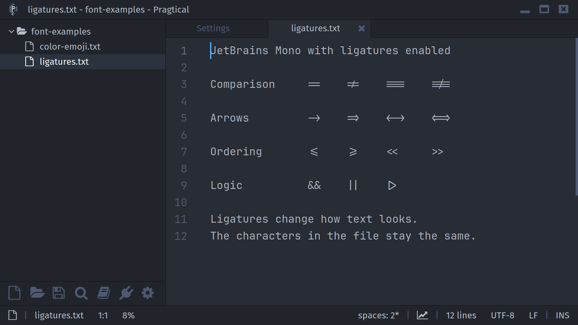 JetBrains Mono rendering operator ligatures in Pragtical